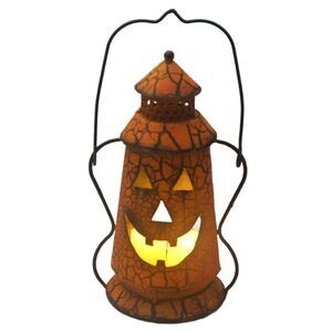 Halloween Jack-O-Lantern Metal Candle Holder with Handle Rustic Indoor Outdoor